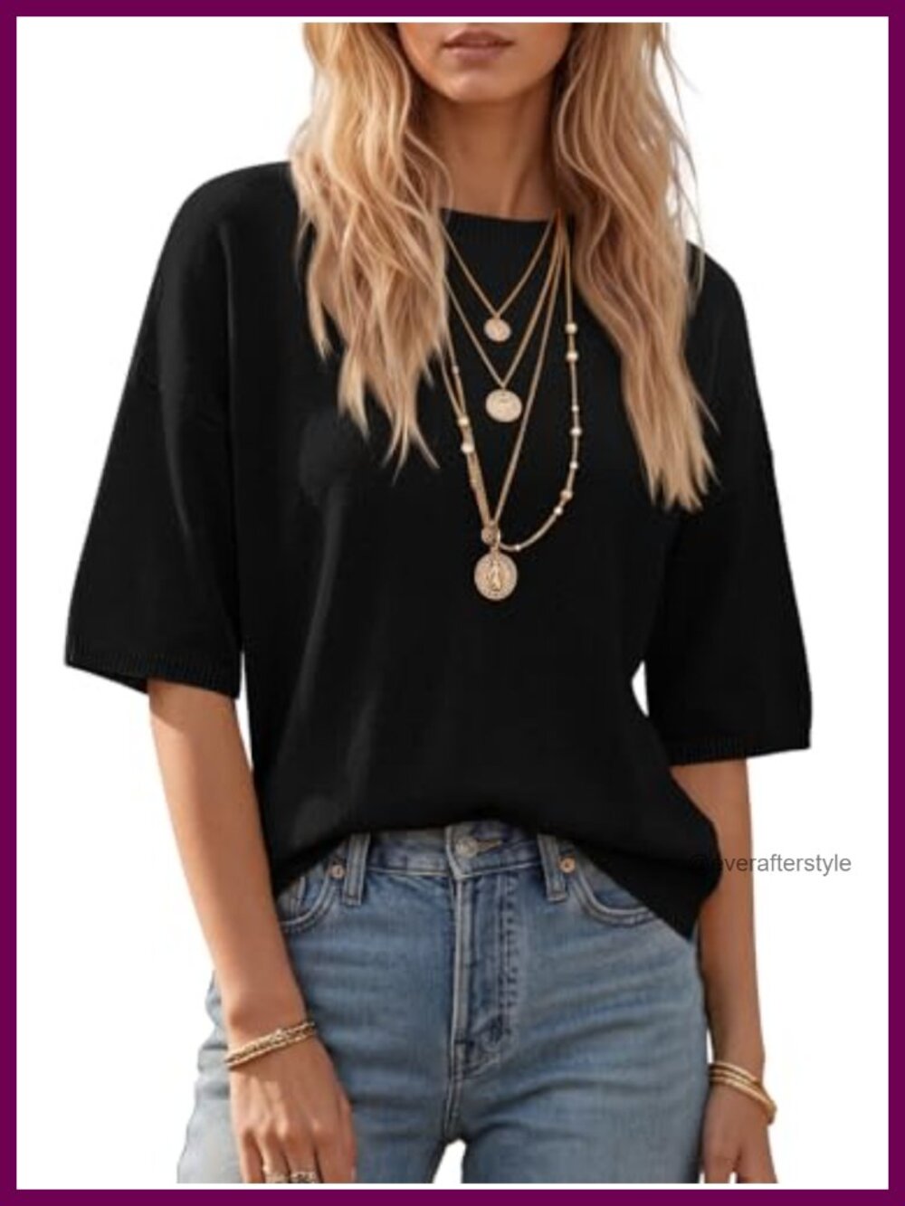 Lightweight Knit Pullover Sweater 3/4 Sleeve Crew Neck Casual Oversized Top